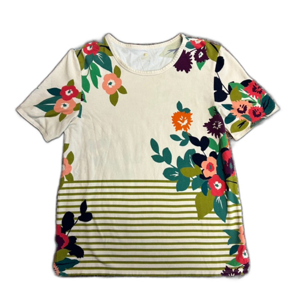 Spartina 449 Shelter Cove Arden Cream Multi Floral Olive Stripe SS T-Shirt Sz L - Picture 2 of 11
